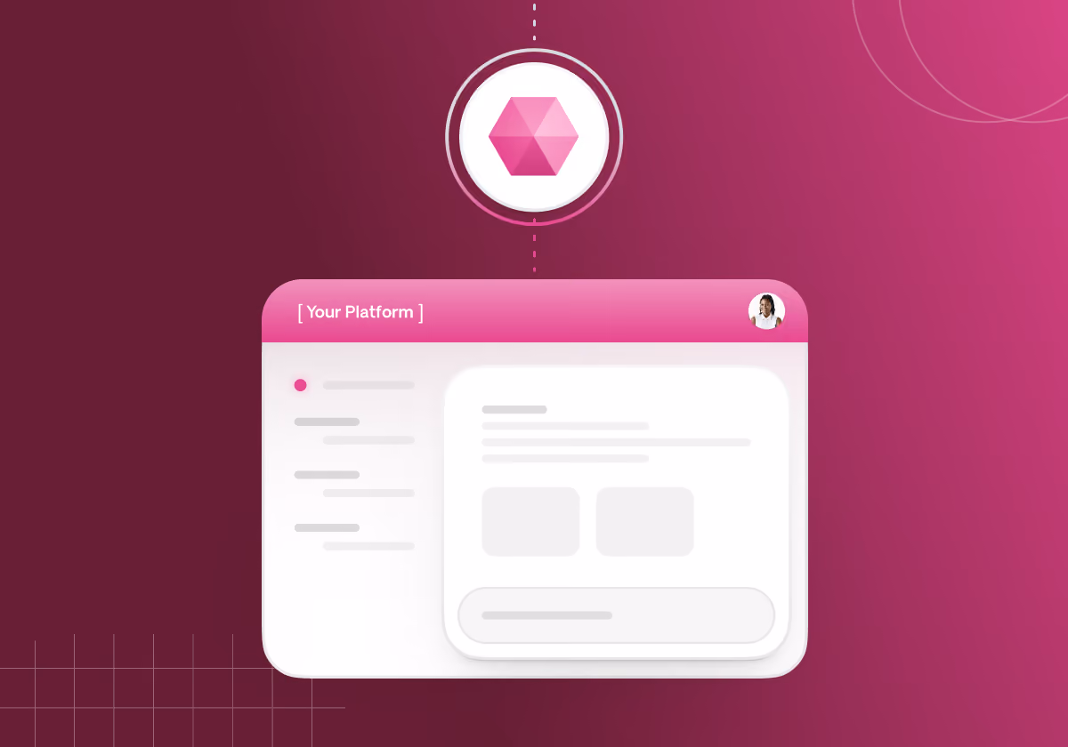 Interface mockup with pink header labeled Your Platform and hexagon icon above it on pink gradient background.