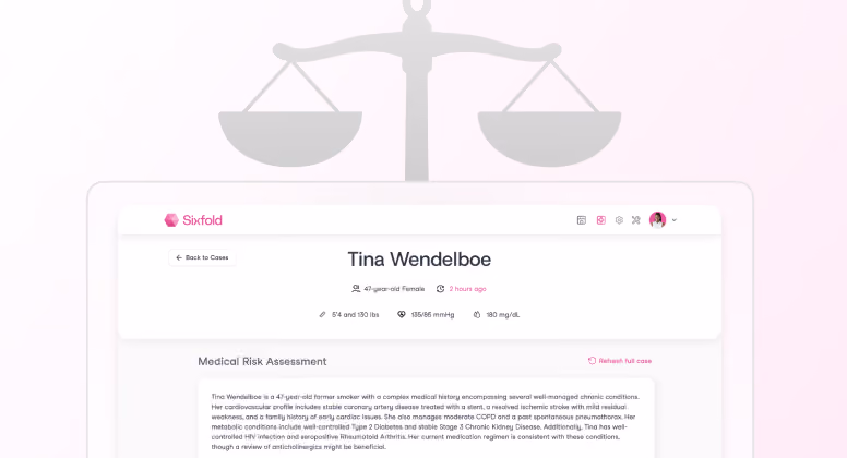 Medical risk assessment for 47-year-old female patient Tina Wendelboe with vital signs and health history summary.