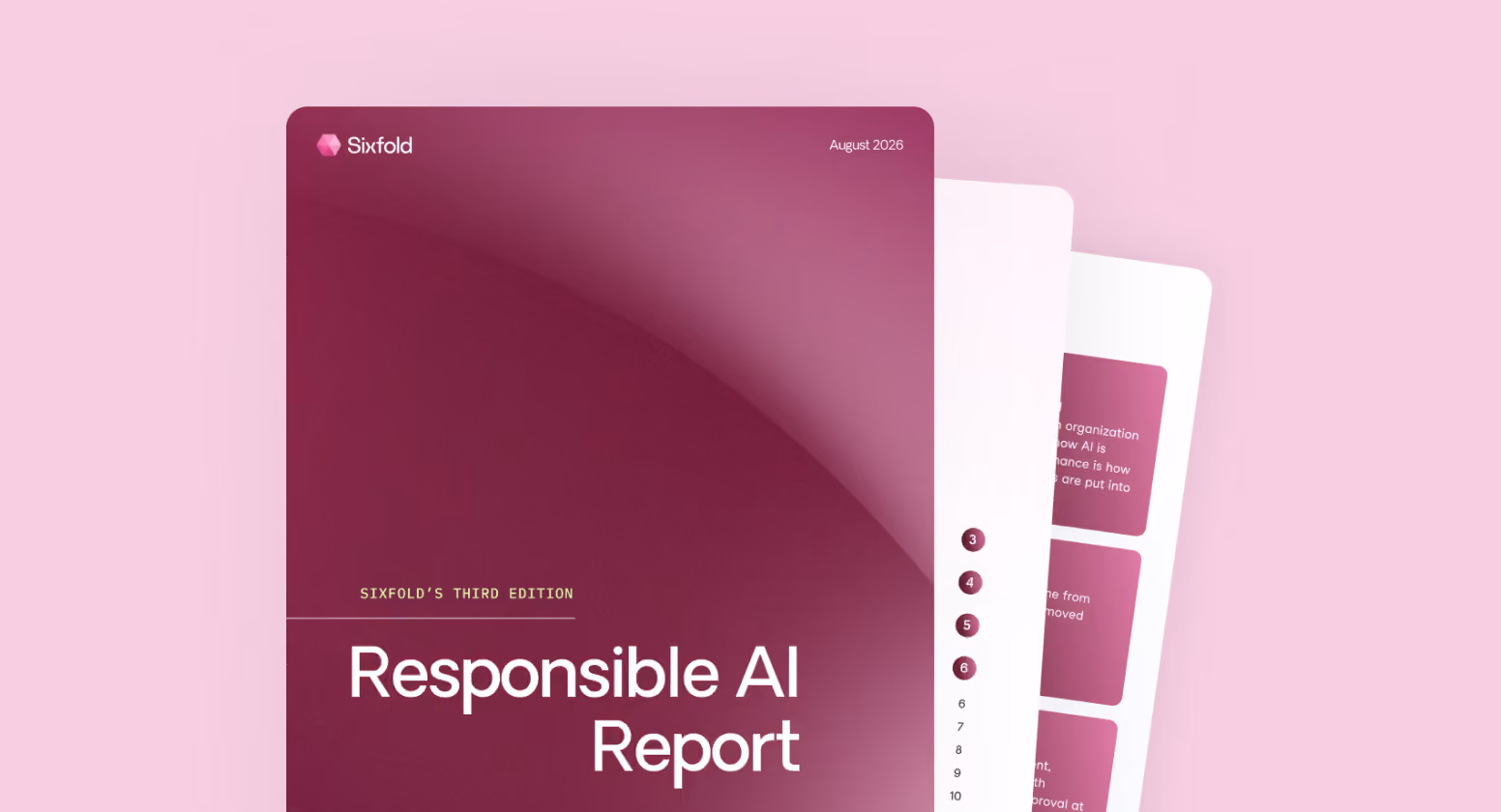 Cover of Sixfold's Responsible AI Report third edition, August 2026, with partially visible pages behind it.