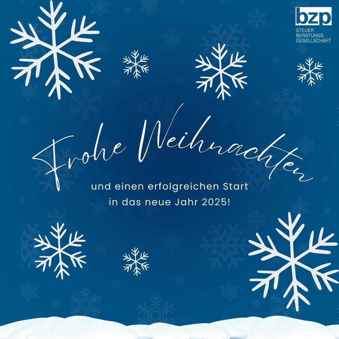 Weihnachtskarte mit Schneeflocken und Text „Frohe Weihnachten“