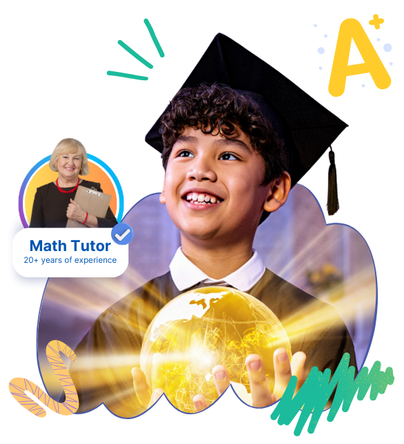 Smiling student in graduation cap holding a glowing globe, symbolizing academic success, with a certified math tutor badge highlighting 20+ years of experience