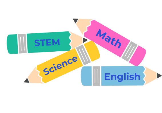 Colorful illustrated pencils labeled STEM, Math, Science, and English, representing core tutoring subjects offered by Connect Education
