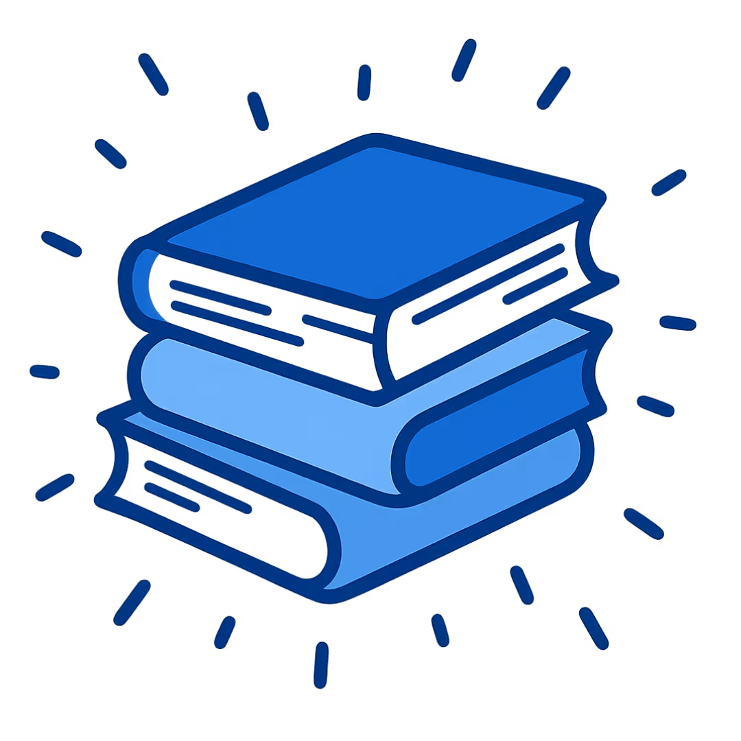 Blue icon of three stacked books, representing steady homework support and subject understanding.