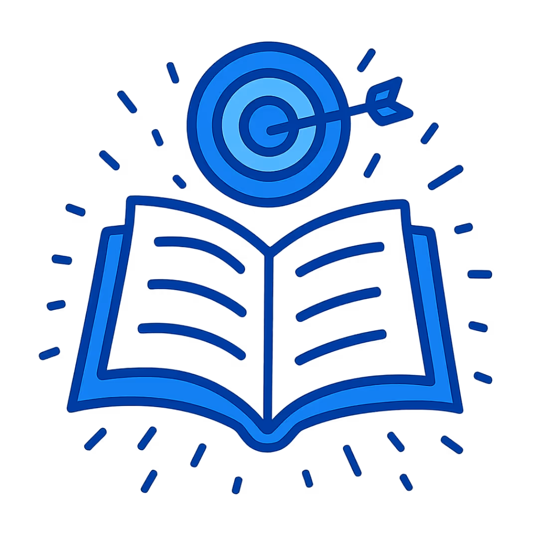 Blue icon of an open book with a target and arrow above it, symbolizing confidence and focus in learning.