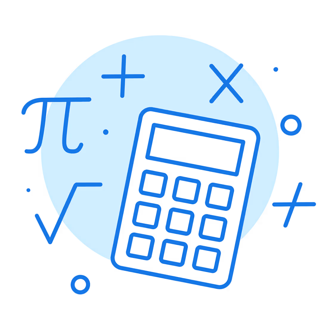 Blue line art icon of a calculator surrounded by math symbols (π, square root, plus, multiply) set against a circular light blue background, representing math and problem-solving.