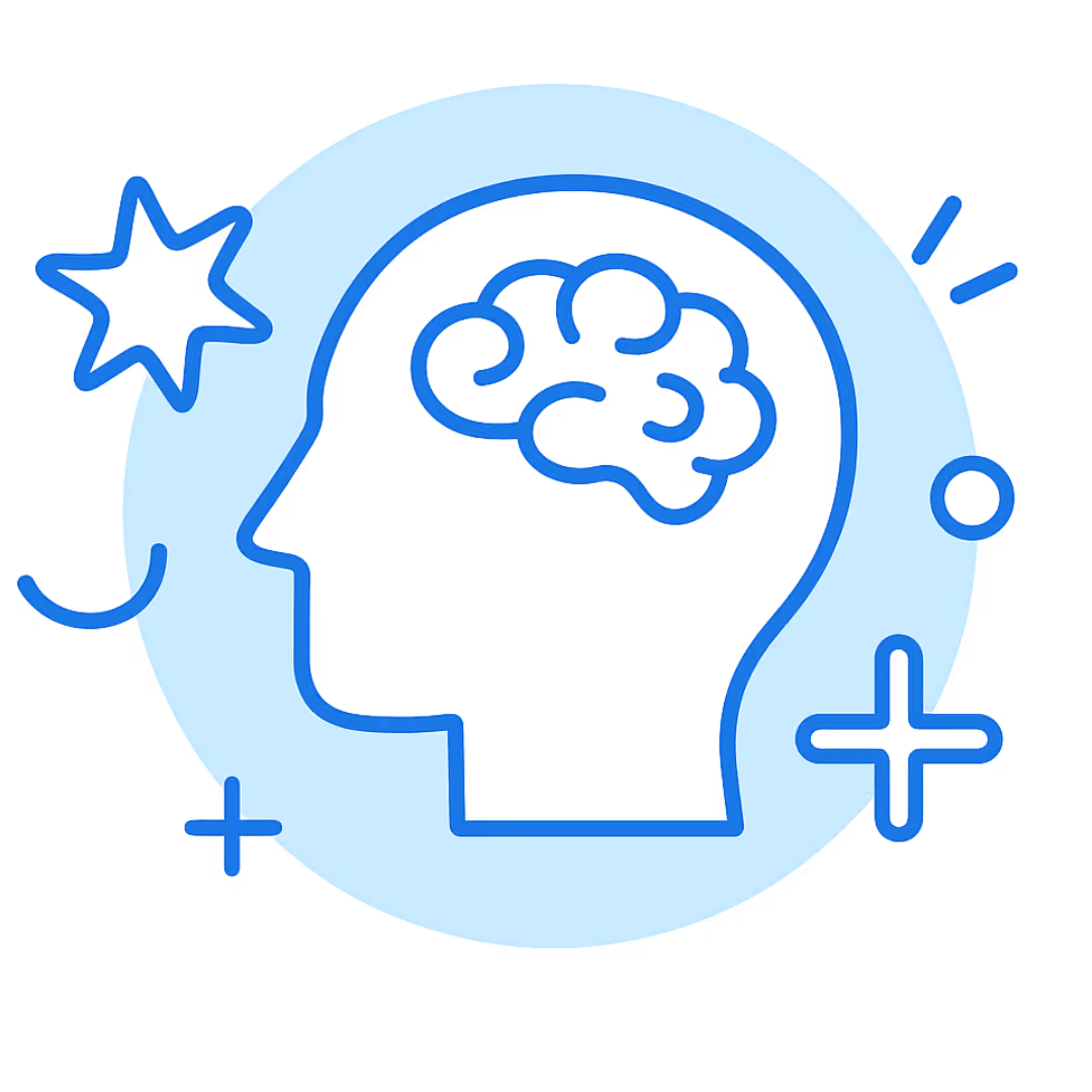 Blue line art icon showing a human head with a visible brain inside, surrounded by stars and plus symbols, set against a light blue circle, symbolizing learning, intelligence, and growth.