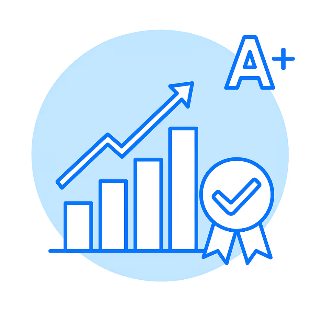 Blue line art icon showing a rising bar graph with an upward arrow, an A+ grade symbol, and an award ribbon with a checkmark, all set against a circular light blue background, representing academic improvement and achievement.