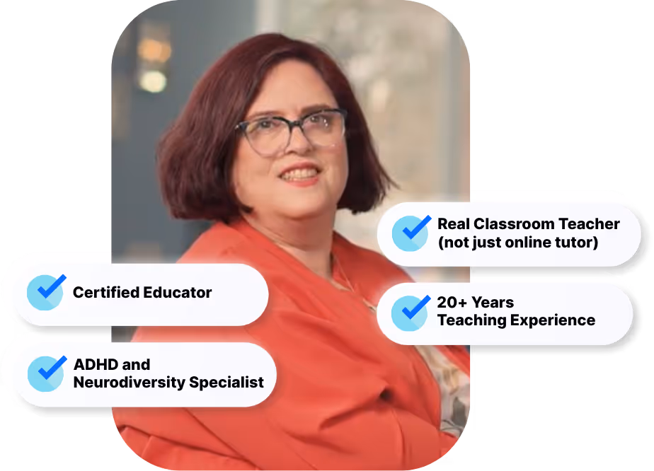 Smiling woman with short brown hair and glasses wearing a red top, surrounded by text highlighting her credentials: Certified Educator, ADHD and Neurodiversity Specialist, Real Classroom Teacher (not just online tutor), and 20+ Years Teaching Experience.