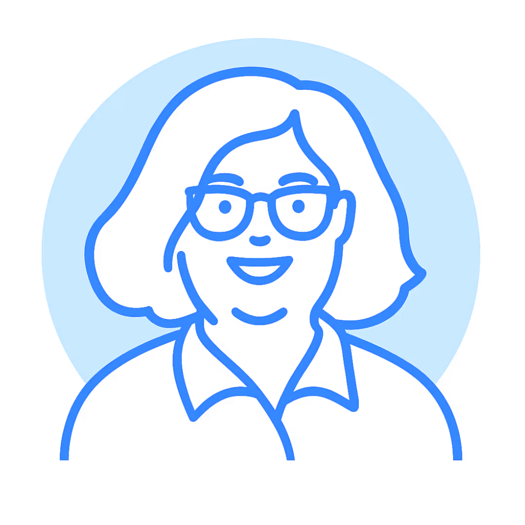 Blue line art illustration of a person wearing a collared shirt with medium-length hair, set against a circular light blue background. The facial area is blurred for privacy, representing an anonymous profile or educator.