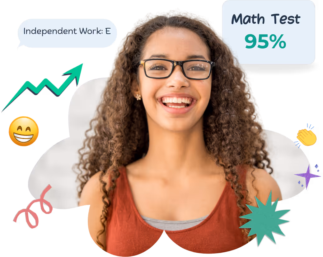 Photo of a student with long curly hair and a blurred face, surrounded by positive icons and graphics including a green upward arrow, smiley face, and achievement symbols, as well as a math test result of 95 percent, representing academic success and progress.