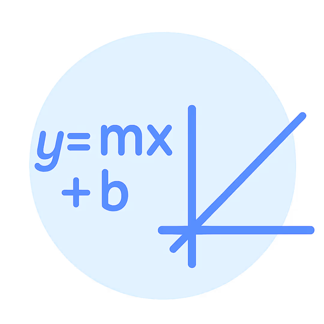 Blue linear equation y equals mx plus b alongside a graph with intersecting axes and a diagonal line.
