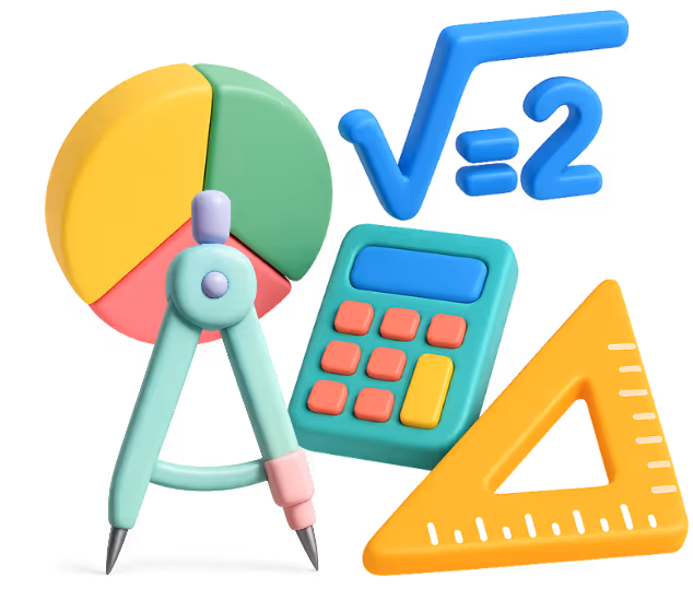 3D illustration of math tools including a compass, a calculator, a pie chart, a yellow triangular ruler, and the square root of 4 equals 2 equation.