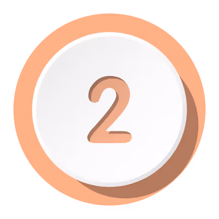 White circular button with the number 2 in peach color and a peach shadow background.