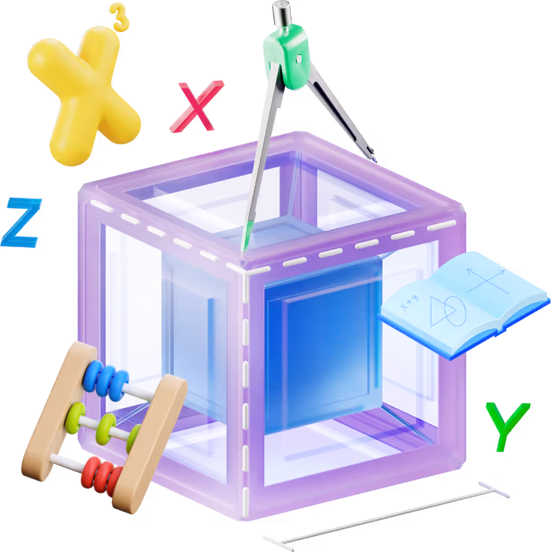 3D transparent purple cube with geometric compass on top, floating math symbols X, Y, Z, a yellow 3D multiplication sign, an abacus, and an open book with math sketches.
