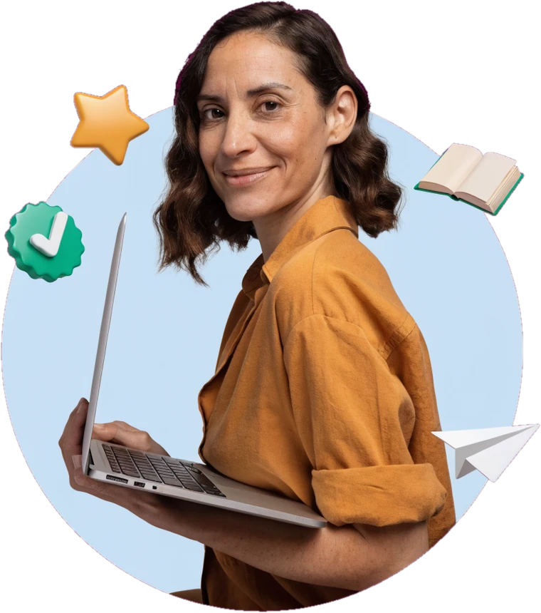 A smiling Connect Education teacher holding an open laptop, surrounded by illustrated icons of a star, a check badge, an open book and a paper plane