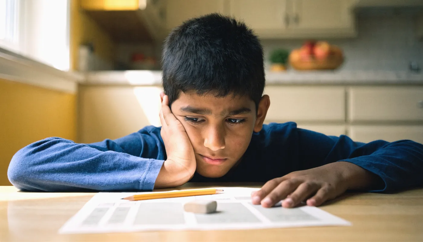Boy looking puzzled at his homework sheet at the kitchen table