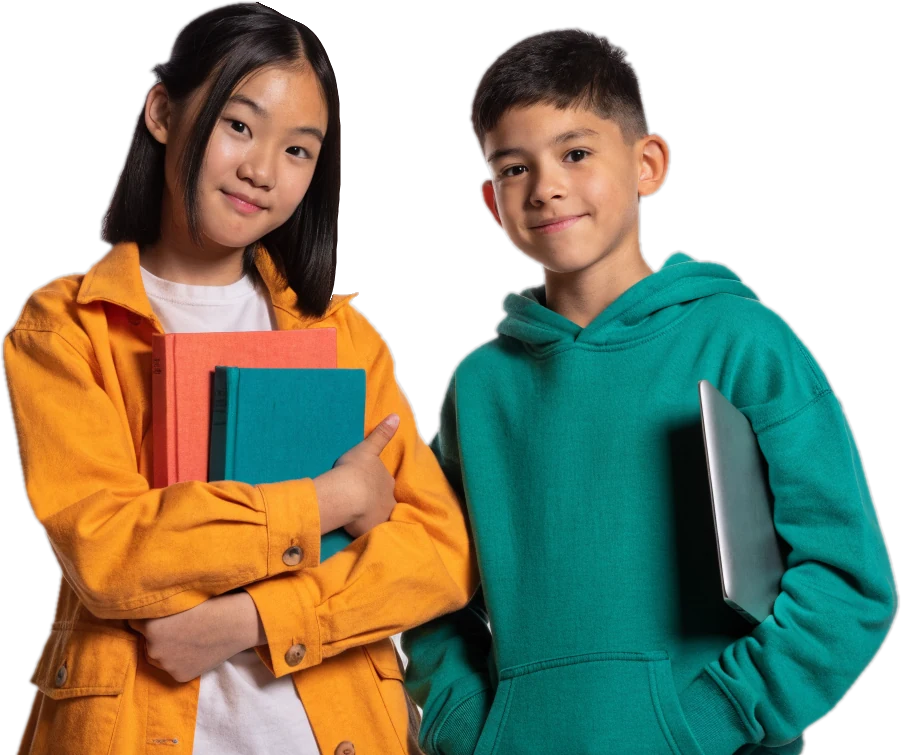 A smiling teenage girl in a yellow jacket holding school books next to a younger boy in a green hoodie with a laptop under his arm