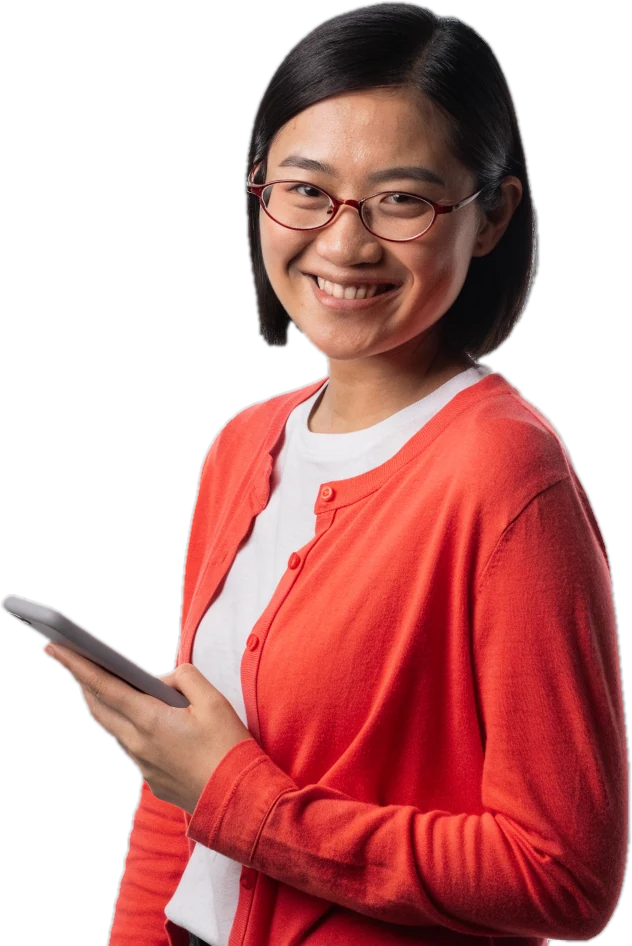 A smiling Connect Education customer care advisor in glasses and a coral cardigan holding a phone
