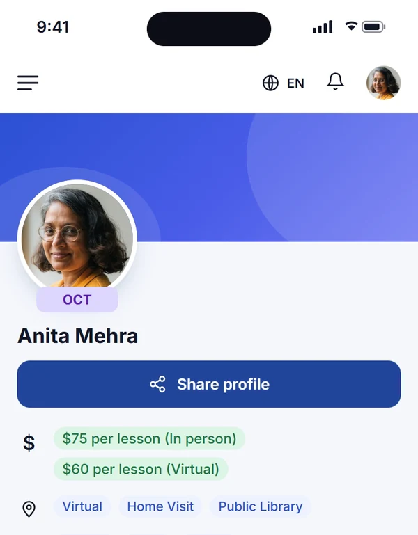 Teacher profile in the Connect Education app with a Share profile button and in-person and virtual rates