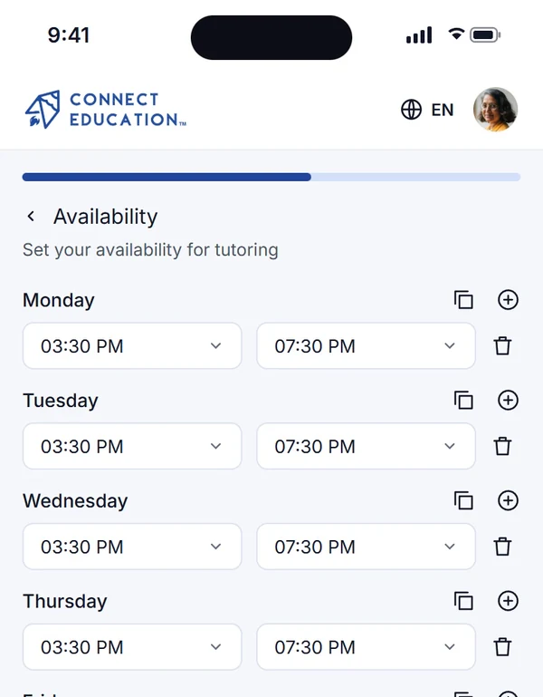 Weekly availability settings in the Connect Education app