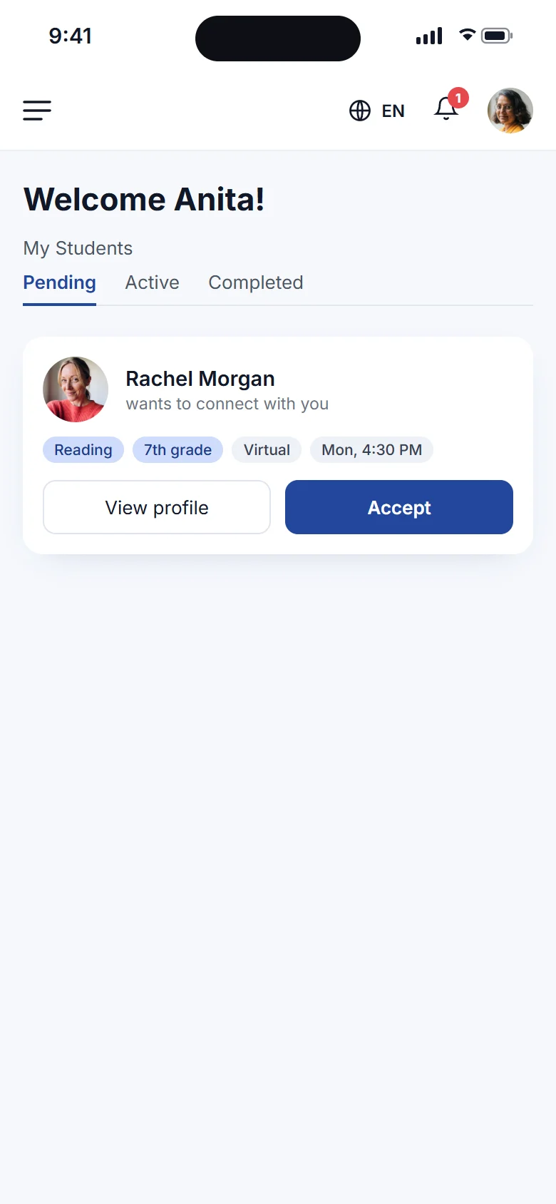 Teacher dashboard with a family's tutoring request and an Accept button