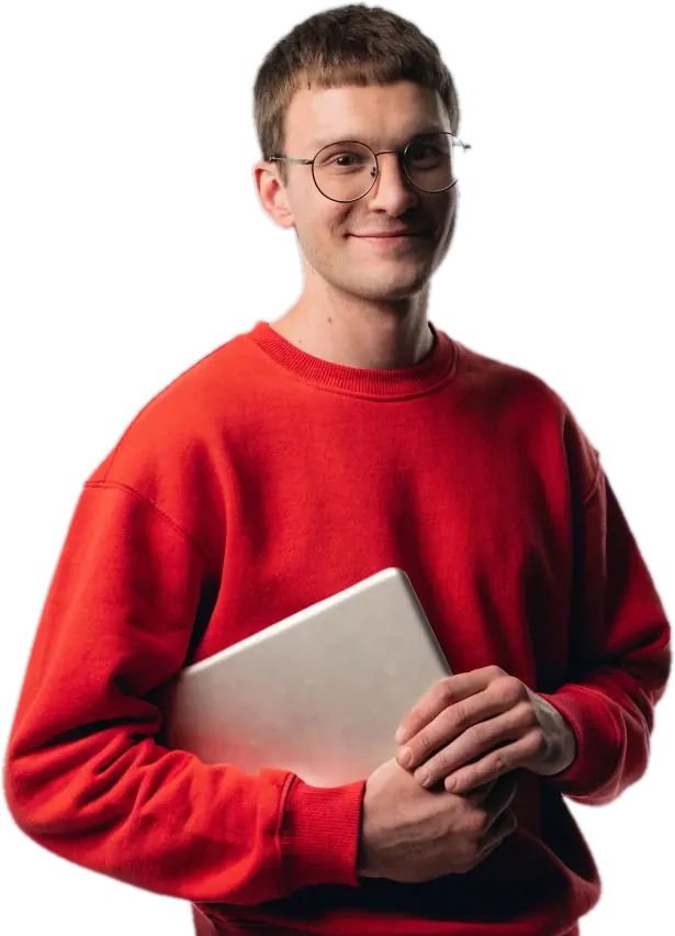 Smiling teacher in a red sweatshirt holding a tablet for online tutoring