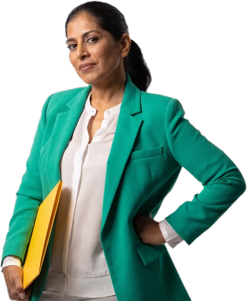 Smiling education partner in an emerald blazer holding a yellow folder