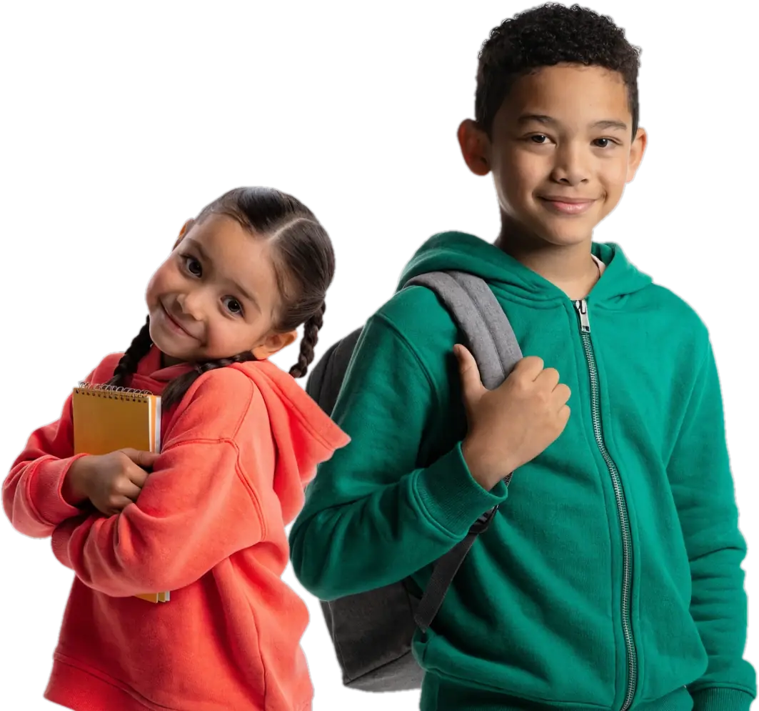 A young girl hugging her notebook beside an older boy with a backpack, both smiling and ready to meet their certified tutor