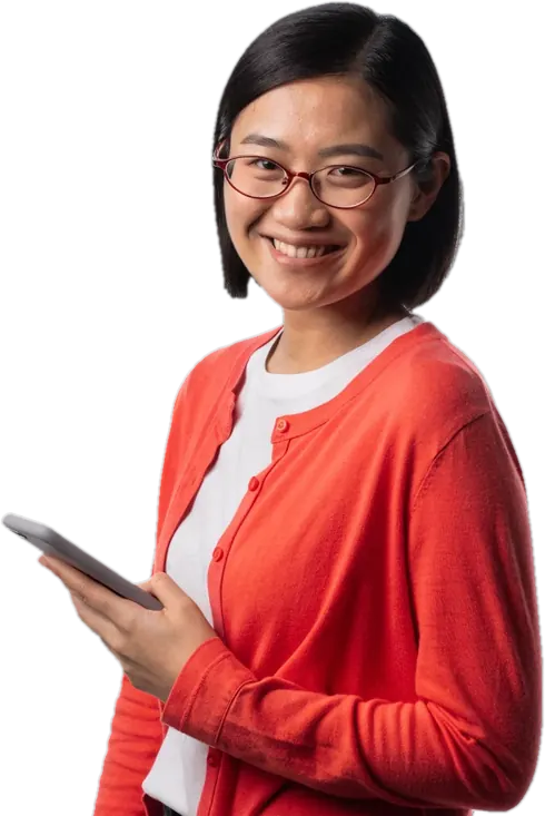 A smiling Connect Education customer care advisor in glasses and a coral cardigan holding a phone