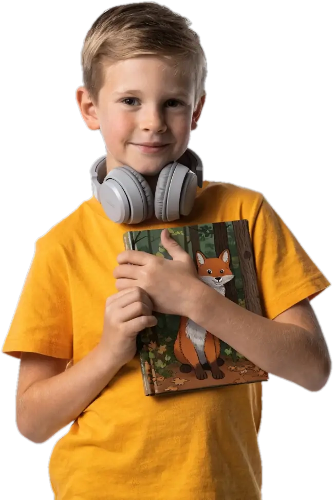 Boy with headphones around his neck holding a picture book