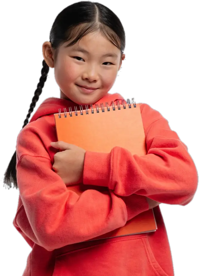 Girl in a coral hoodie hugging her math workbook