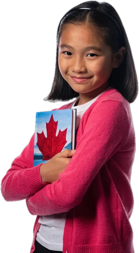 Girl in a pink cardigan hugging a book with a maple leaf cover