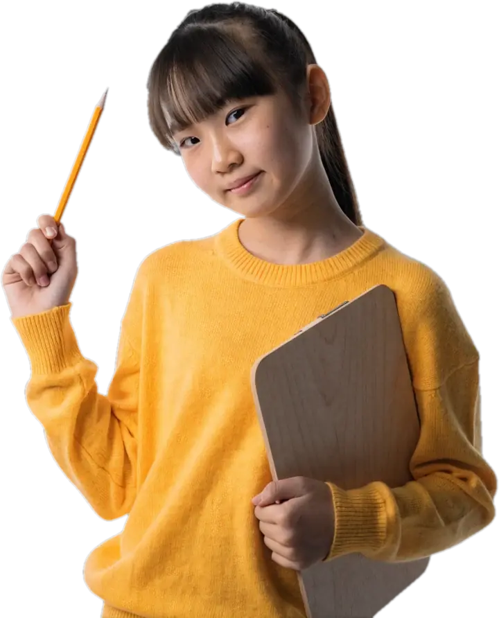 Girl in a yellow sweater holding a clipboard and pencil