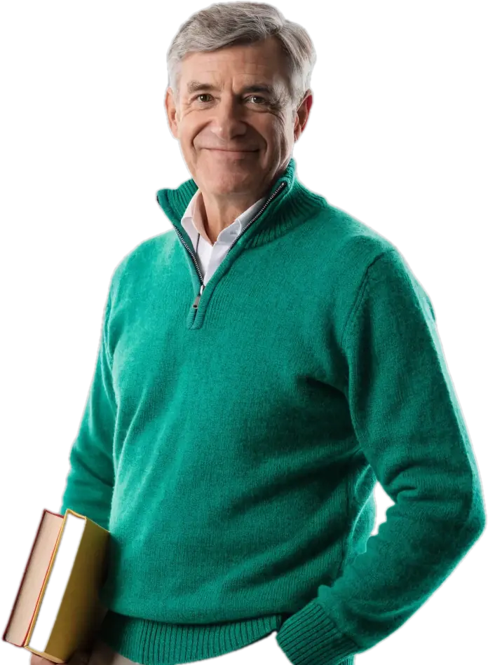 Smiling certified teacher in a green quarter-zip holding books