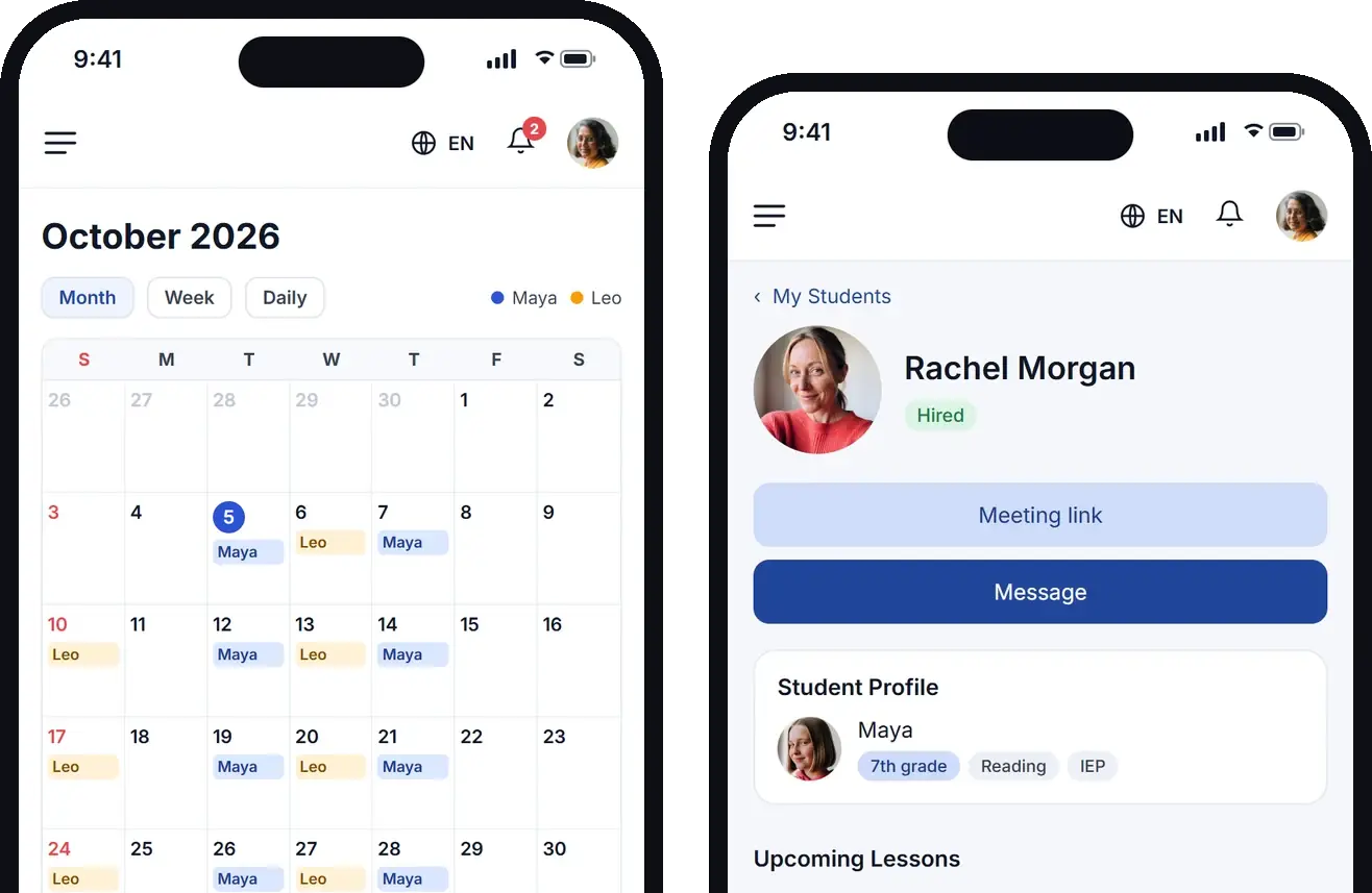 Connect Education app: a teacher's monthly lesson calendar next to a student page with the next lesson