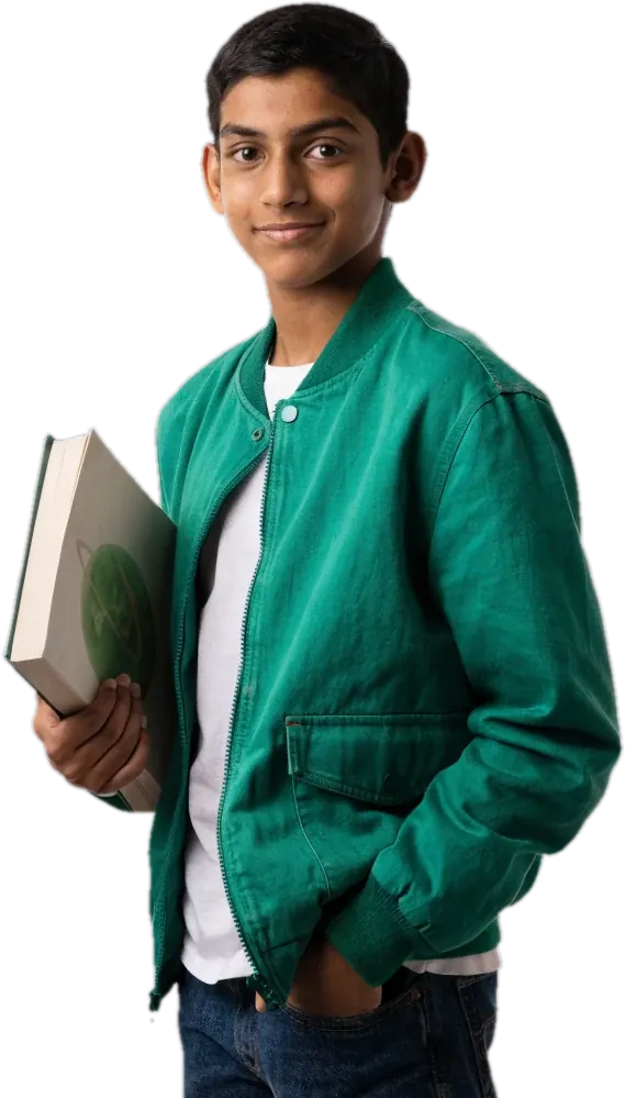 Teen in a green jacket holding a science textbook