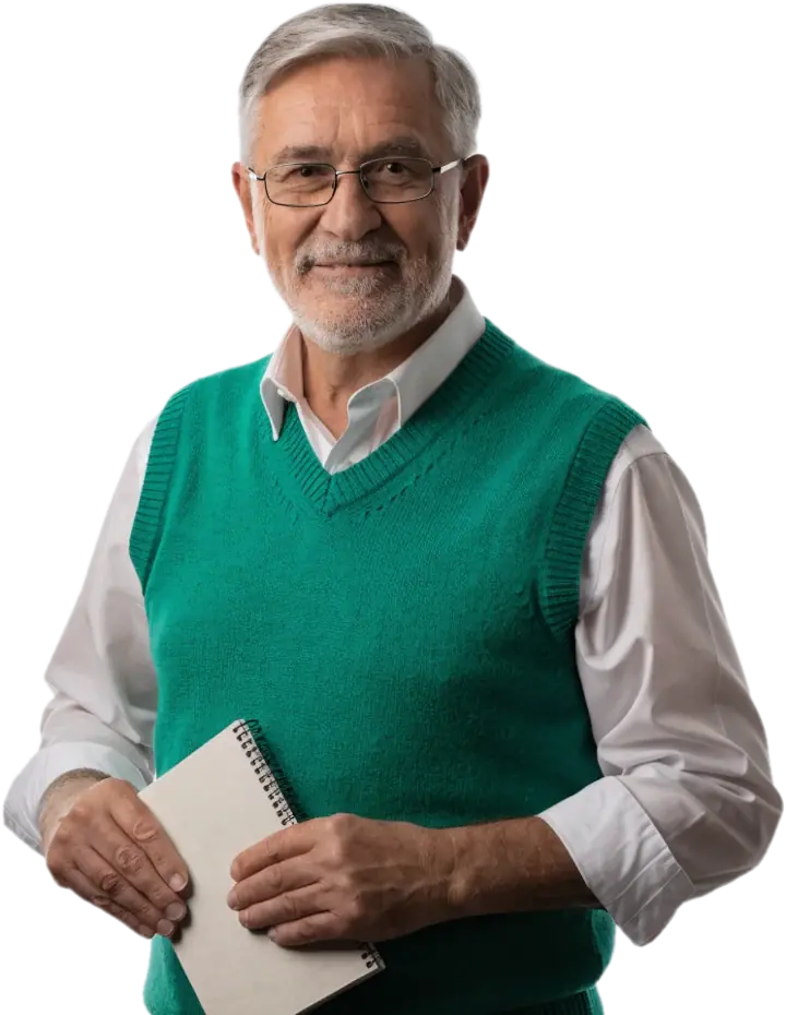 Smiling veteran certified teacher in glasses and a green sweater vest holding a notebook