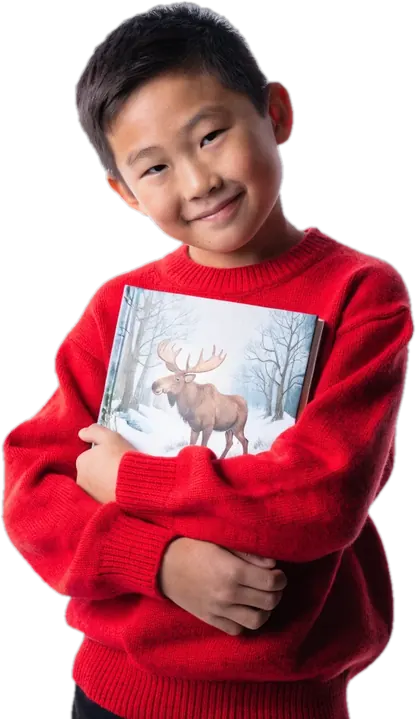 Boy holding a French picture book with a moose on the cover