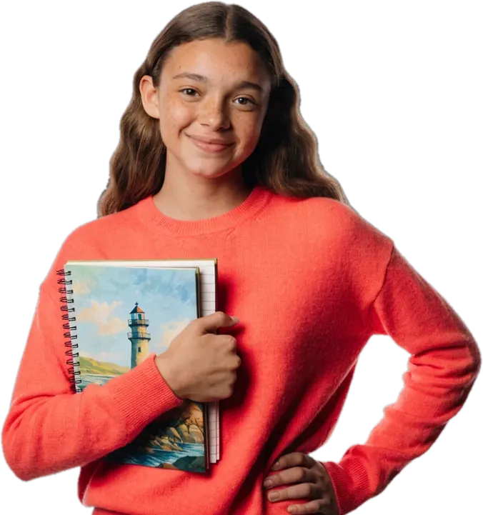 Teen girl in a coral sweater holding a novel