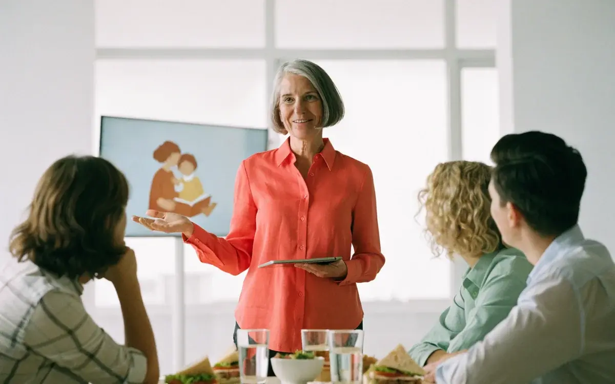 A certified teacher presenting to employees in an office meeting room
