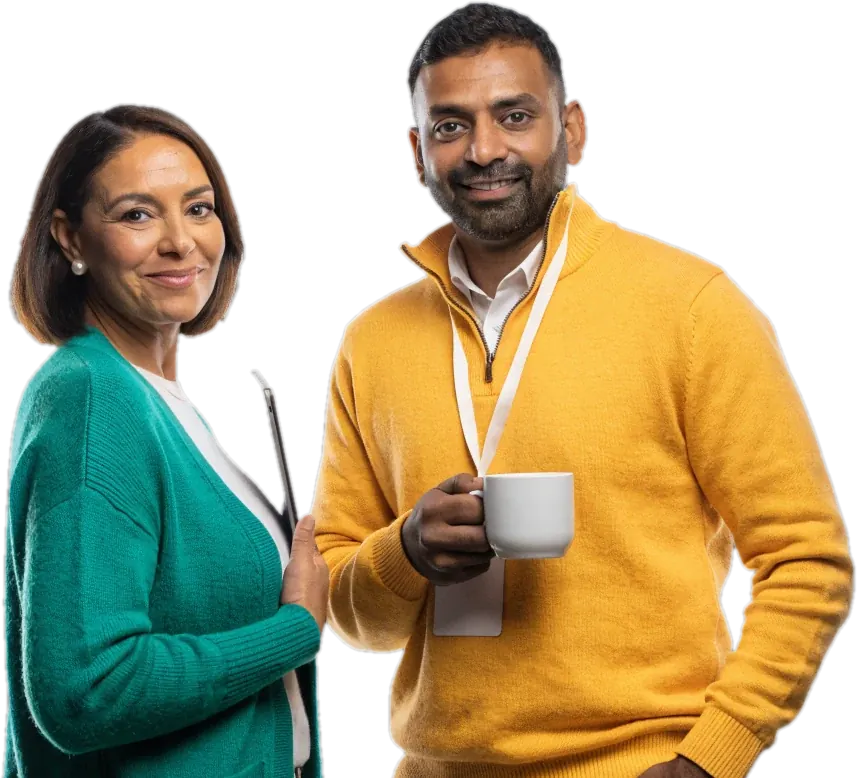 A certified teacher with a tablet and a working parent with a coffee mug