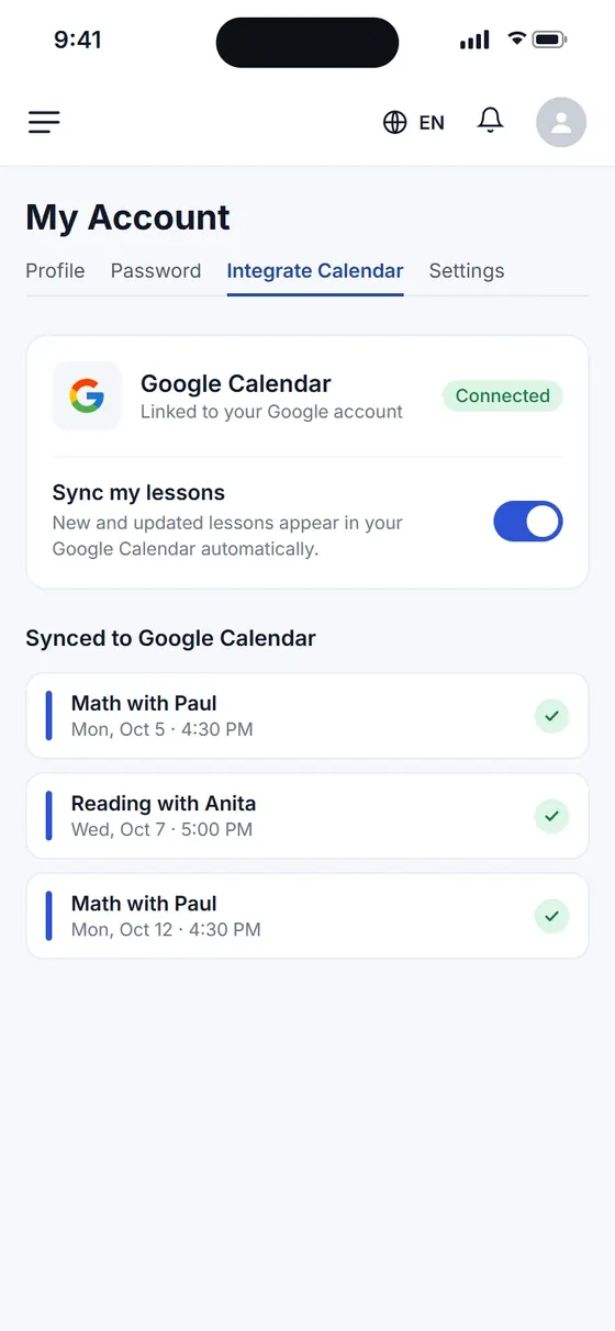 App screen showing Google Calendar connected and lessons synced