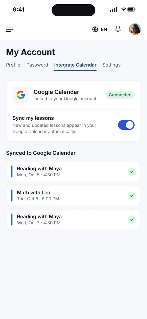 App screen showing a teacher's Google Calendar connected and lessons synced