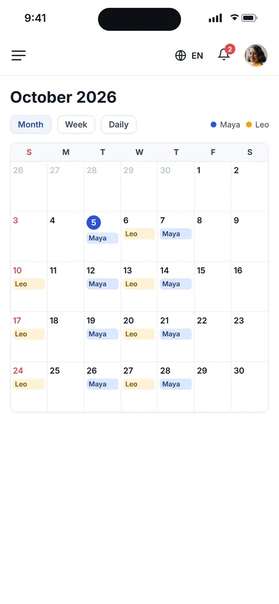 Month calendar in the app with each student's lessons marked