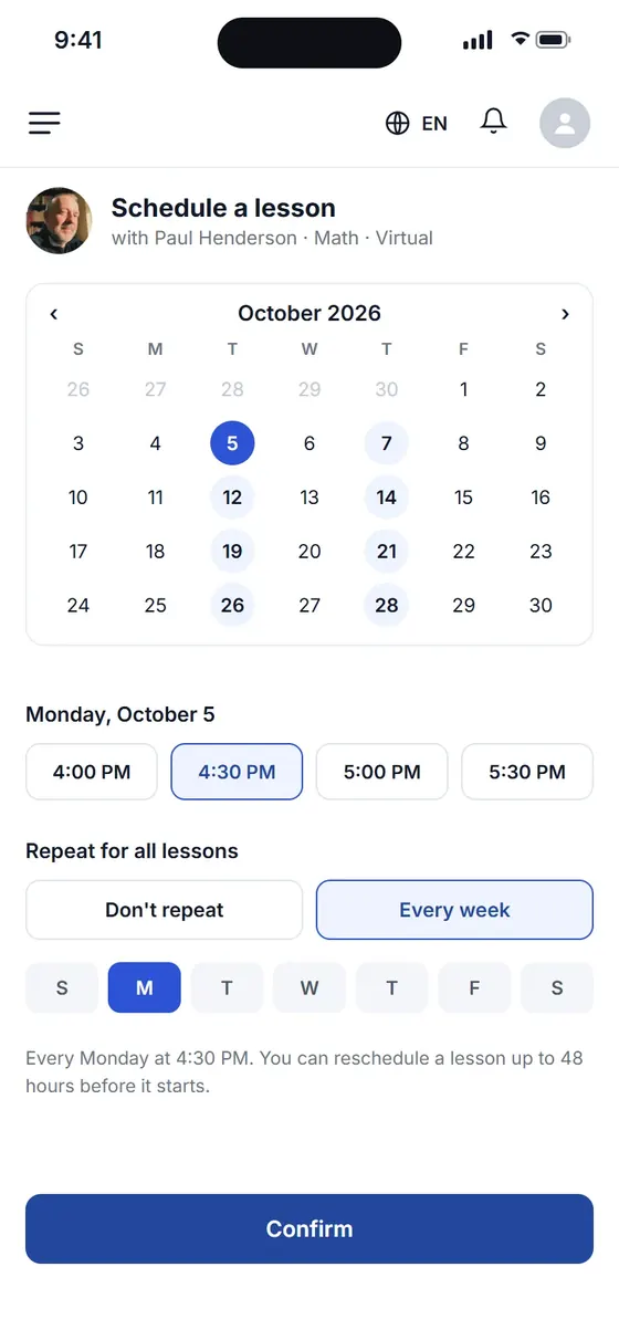 App screen where a parent picks a date, a time and a weekly repeat for lessons