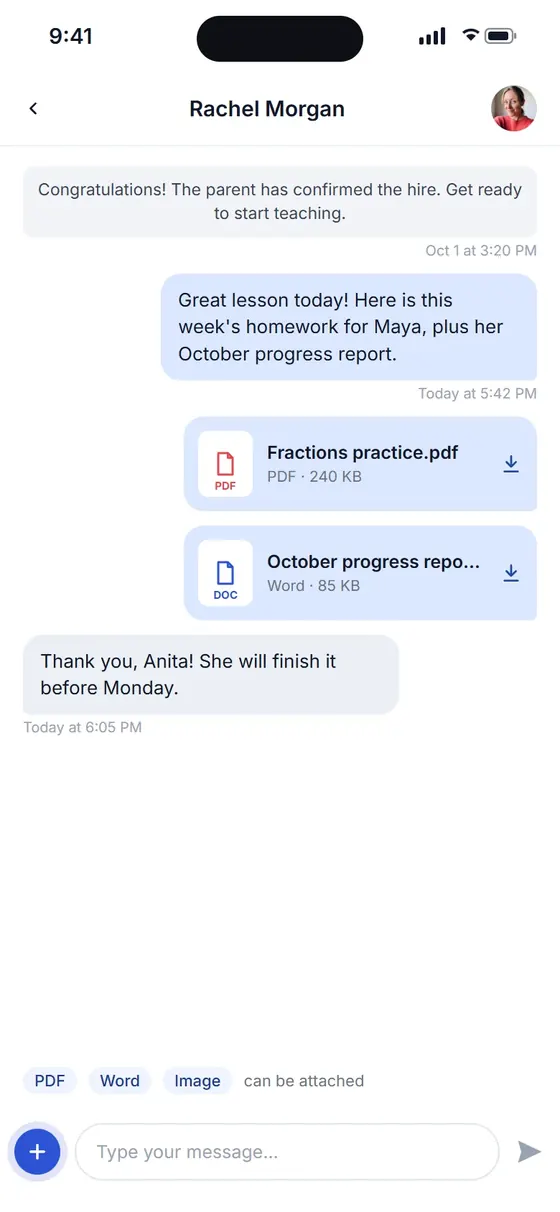 App chat where a teacher sends a homework PDF and a progress report to a parent
