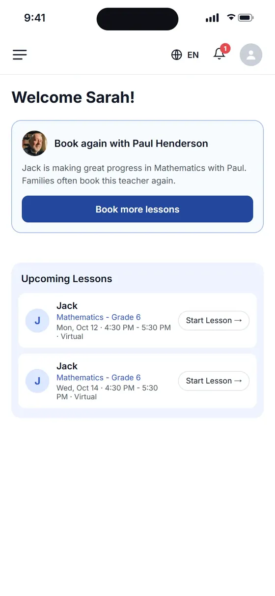 Parent dashboard with a Book again card and upcoming lessons
