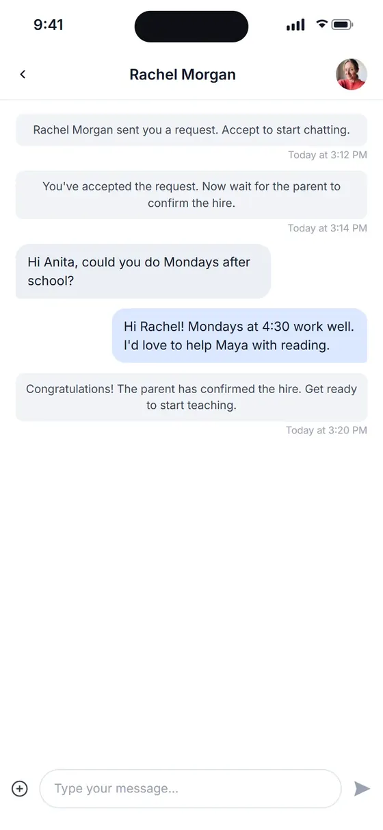 App chat between a teacher and a parent with the hire confirmed