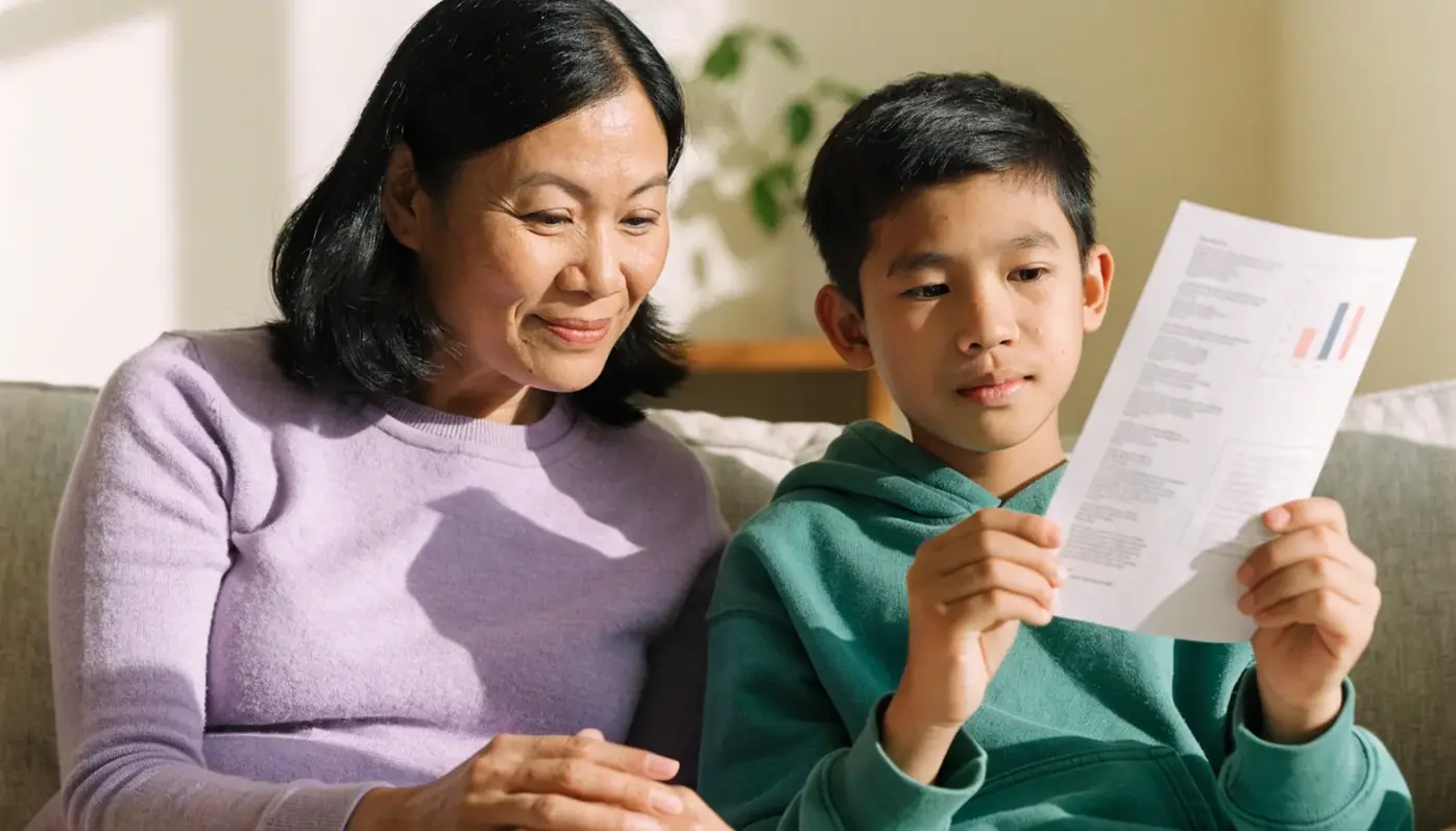 Mother and son on a sofa looking at his report card together