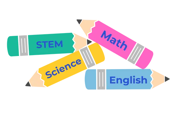 Colorful illustrated pencils labeled STEM, Math, Science, and English, representing core tutoring subjects offered by Connect Education